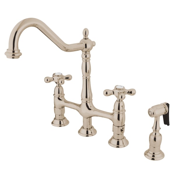 KS1276AXBS Heritage Bridge Kitchen Faucet W/ Brass Sprayer, Nickel